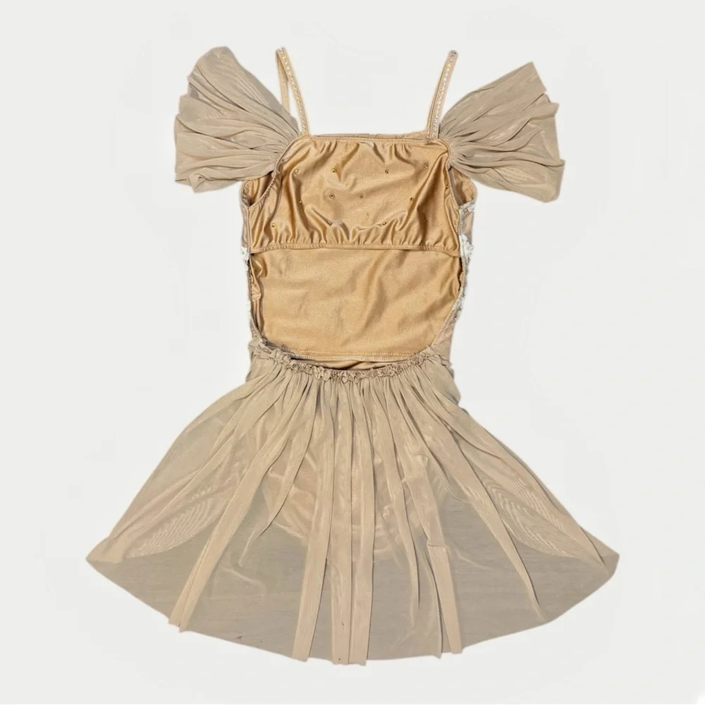 Glamour Dancewear | Tan Lyrical Dance Costume Dress with Floral Accent, Size SA - Picture 3 of 5